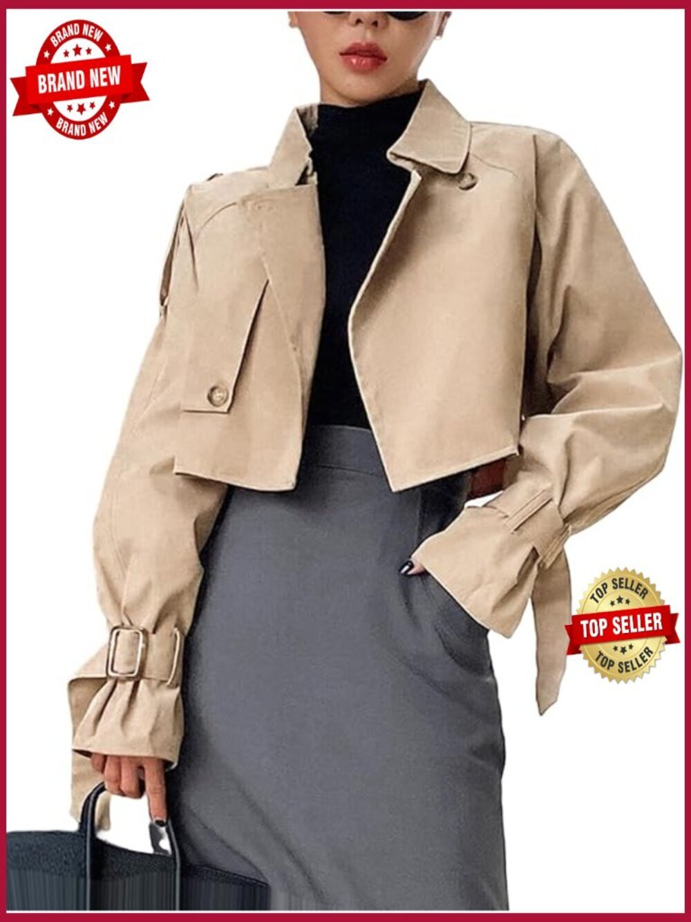Cropped Trench Coat Long Sleeve Double-Breasted Lapel Jacket